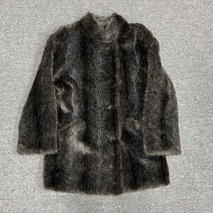 Hillmoor Faux Fur Coat Womens Large Brown Vintage Double Breasted Made in USA